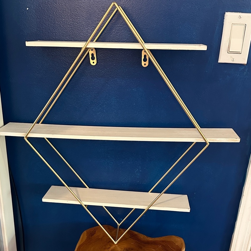 Diamond Shaped Wall-Mounted Shelf with Gold Frame & Wood Panels